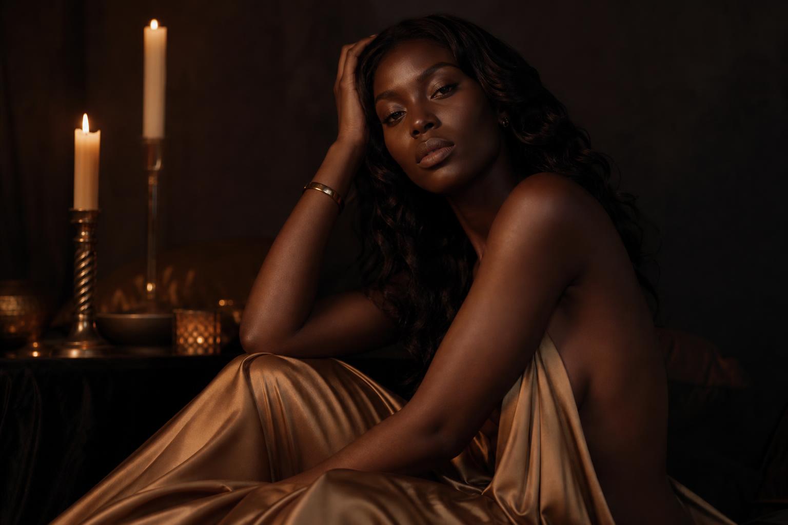 Confident melanin-rich woman draped in warm gold silk by candlelight — Pleasure Me GY intimate wellness